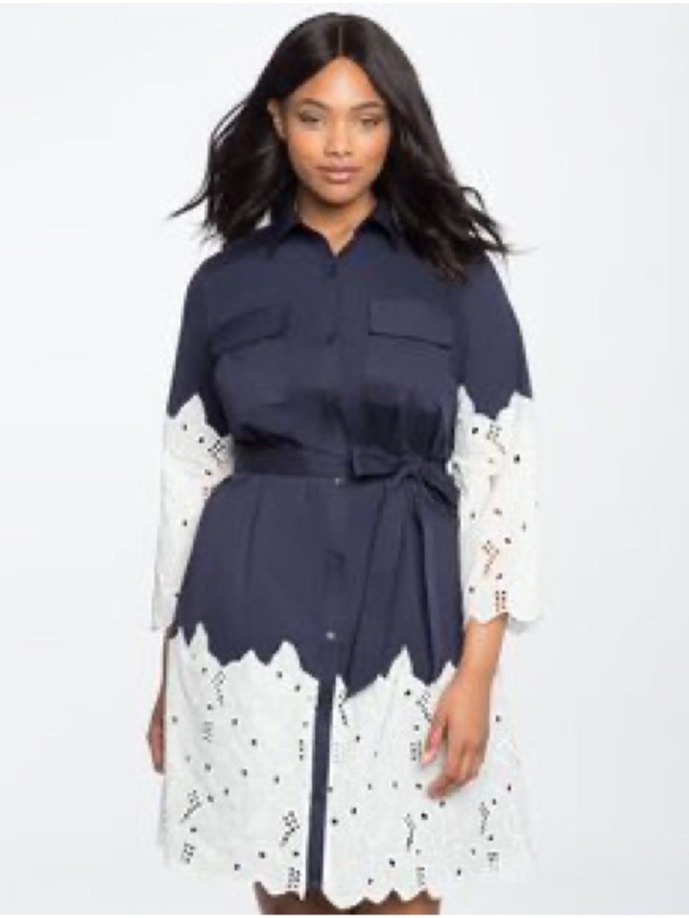 Eloquii Navy Shirt Dress with White Broderie Eyelet Hem and Cuffs